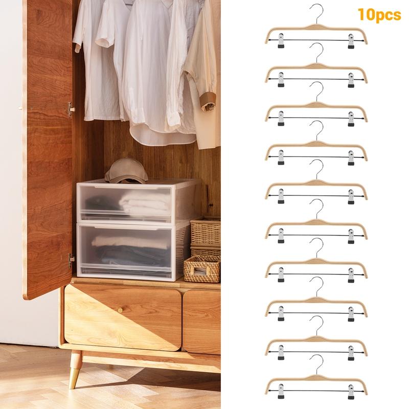 10 Pack Solid Finish Wooden Trousers/Skirt Hangers With Anti-Rust Clips Coat Clothes Hangers