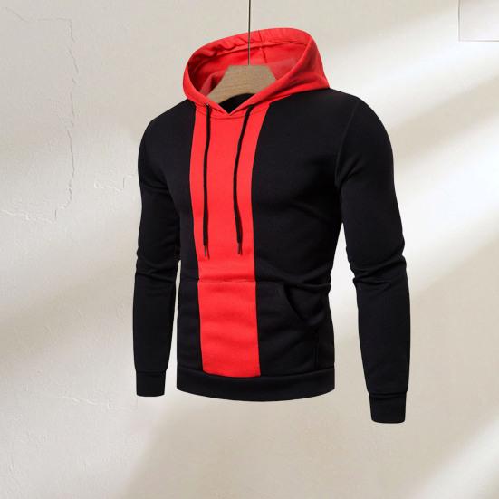 Men Fall Winter Hoodie Colorblock Drawstring Long Sleeves Big Pocket Hooded Retro Thin Loose Daily Wear Casual Sport Top