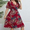 Plus Size Vintage V-Neck Short Sleeve Smocked Waist Slimming Retro Midi Dress for Women Casual Summer