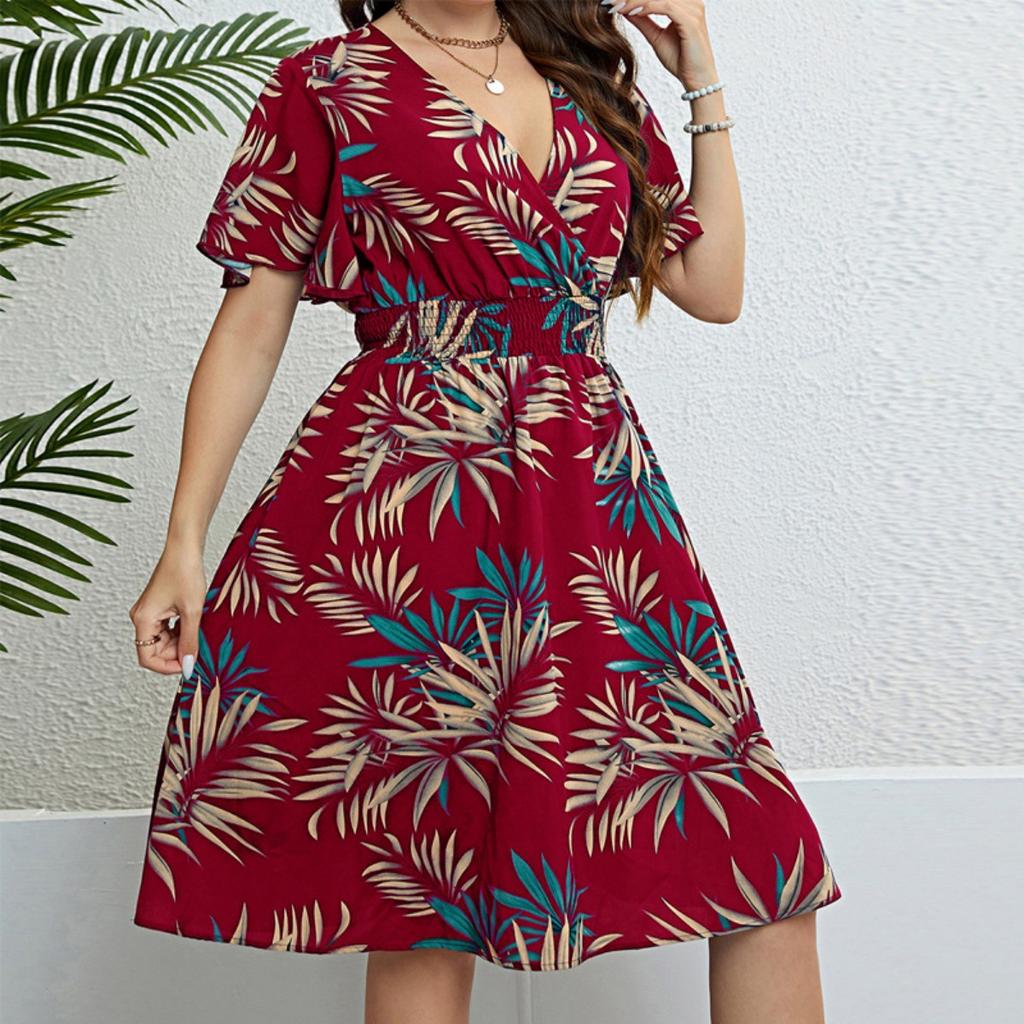 Plus Size Vintage V-Neck Short Sleeve Smocked Waist Slimming Retro Midi Dress for Women Casual Summer