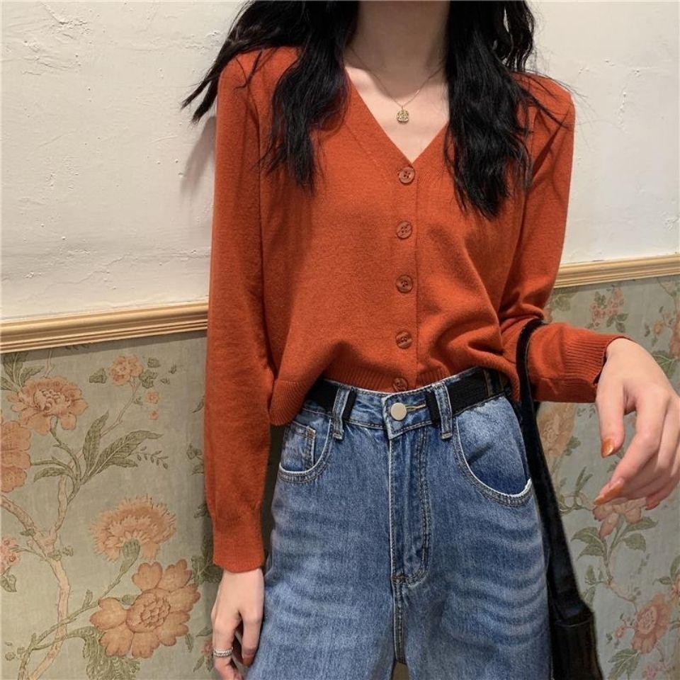 Korean Style V-Neck Knit Cardigan with Sleeves - Women's Versatile Short Sweater Coat for Spring & Autumn