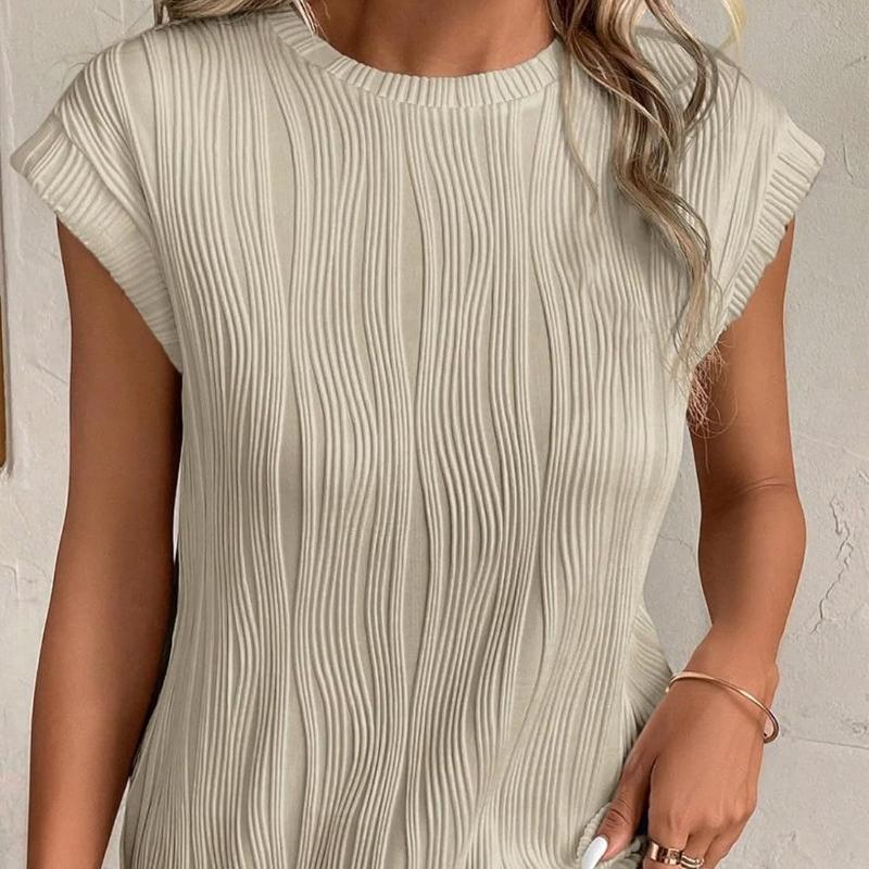 Fashion Tops Women Round Neck Pleated Slim Fit Summer T-shirt Short Flying Sleeve Blouse Women Solid Color Office Lady Tee Shirt 24135