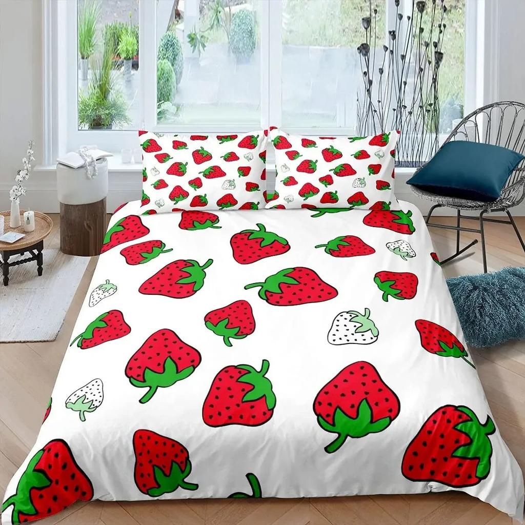Sada povlaku na přikrývku Jahoda Dívka Velikost King Sada povlaku na přikrývku Červená Jahoda Ložní souprava Jídlo Ovoce Povlak na přikrývku pro děti Dárek