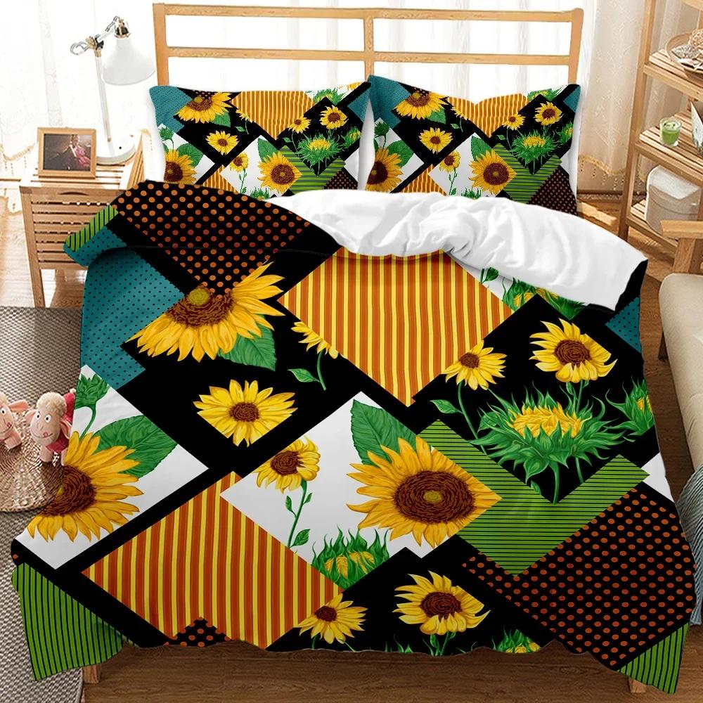 Sunflower Duvet Cover Set Yellow Flower Bedding Set Sunflower Botanical Floral Garden Bloom Print on Black Polyester Quilt Cover