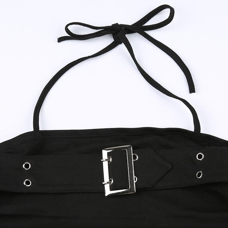Spring Fashion Pure Desire Japanese Button Pleated Strap Exposed Umbilical Slim Hanging Neck Top Spicy Girls Sexy Small Vest Ultra-short Slim Tank Top