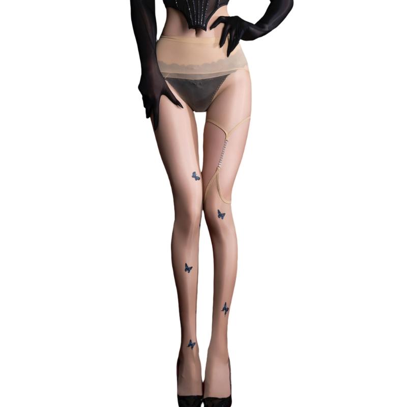 Women's Butterfly Print Oil Glossy Sheer Pantyhose Shimmery Tights With Hollowout Rhinestones Chain Garter Stockings