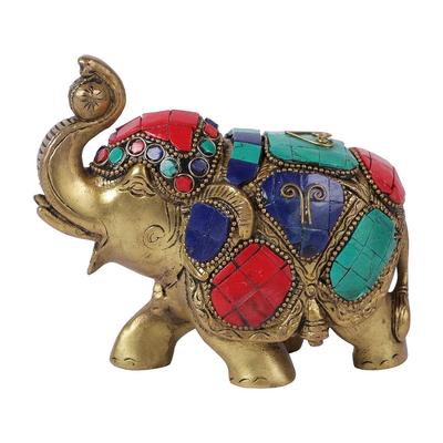 Maharaja Elephant Gemstone Brass Showpiece - 4 Inches