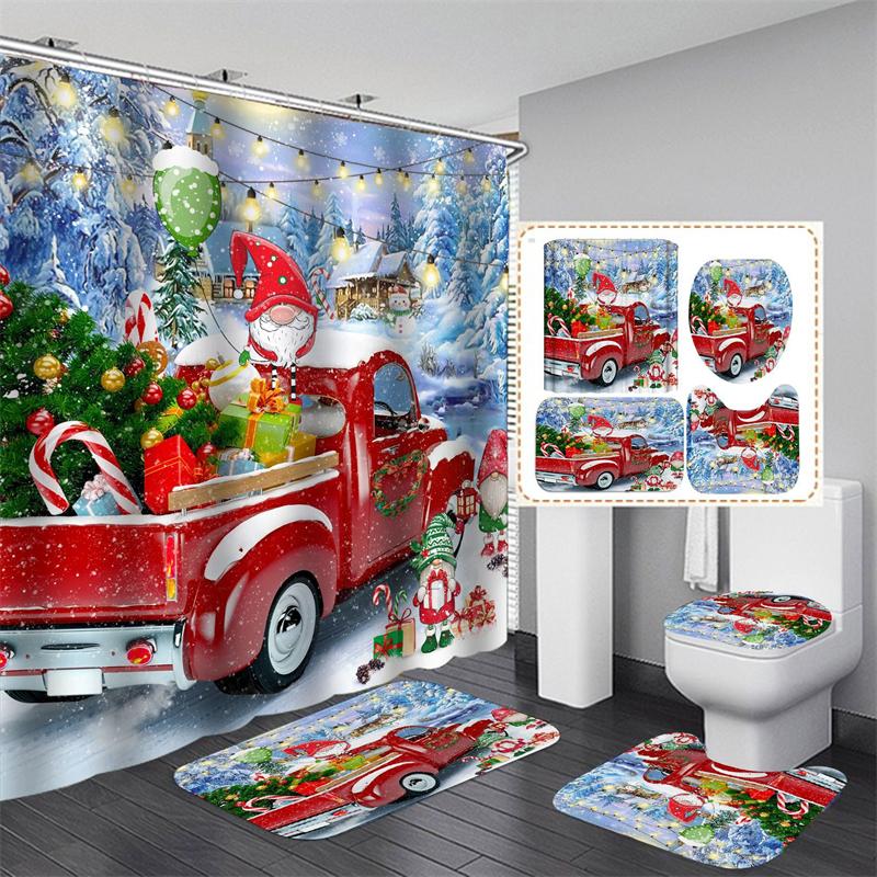 Cute Snowman Christmas Shower Curtain Set Silver Pine Branches Snowflake Xmas Balls Bathroom Decor Rug Bath Mat Toilet Lid Cover