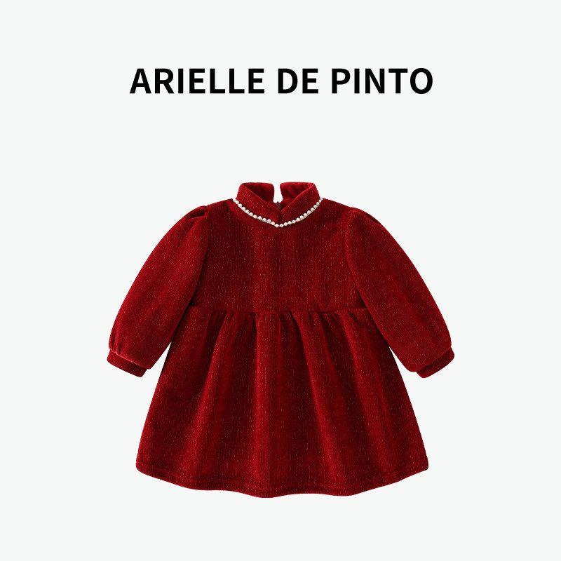 French Arielle De Pinto Girls  Dress with Velvet Lining, Winter Style, Fashionable Children s Dress for Baby Girls, Princess Dress Red 90cm