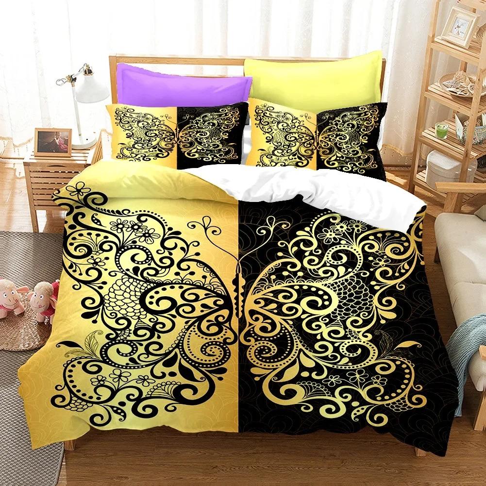 Golden Butterfly Påslakanset KingQueen Storlek, Vackert Blått Fjäril Sängkläder Set Kvinnor Insekt Polyester Täcke Överdrag