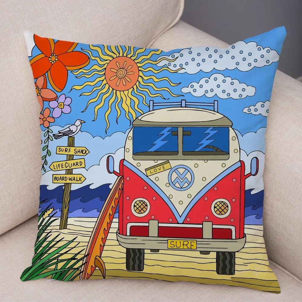 Pillowcase Happy Camper Cartoon House Travel Car Cushion Cover Sofa Home Super Soft