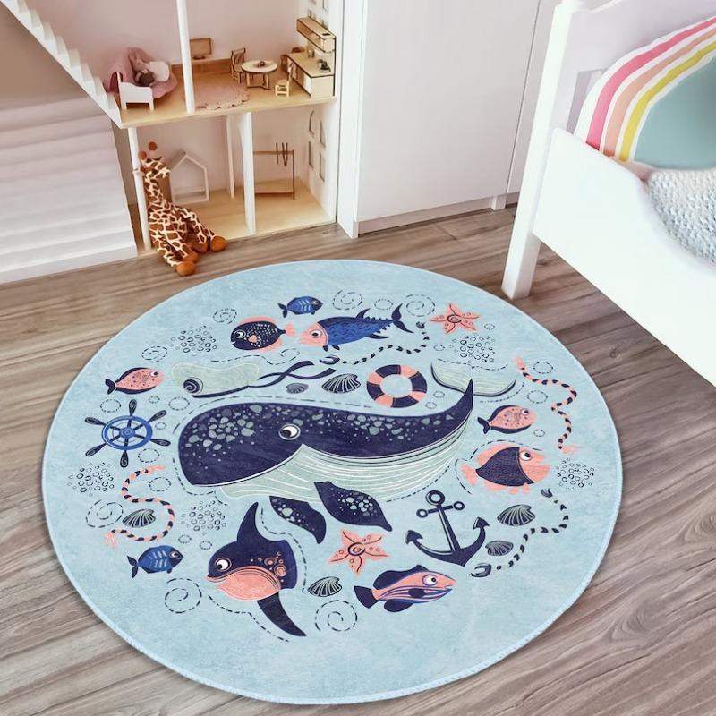 Sea World Nursery Rug Whale Playmat for Kids Room Marine Toddler Round Carpet Hook Non Slip Activity Rug Creatures Playroom Rug