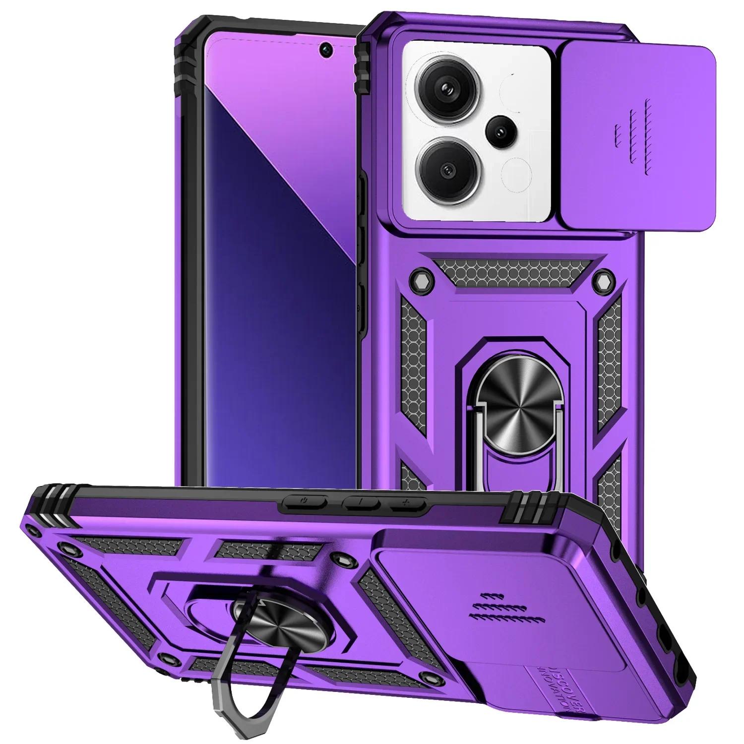 

Противоударный магнитный чехол для Redmi Note 13 12 Pro 5G 4G 13C 12C 11A POCO M6 Pro C65 со сдвижной шторкой для камеры, кольцом-подставкой и защитной крышкой Redmi NOTE 12 PRO фиолетовый