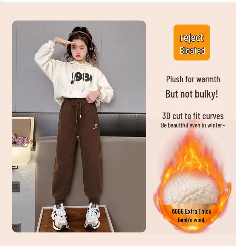 Girls' Fleece-Lined Lambswool Winter Pants: Thick, Warm, One-Piece Casual Wear for Middle and Big Kids
