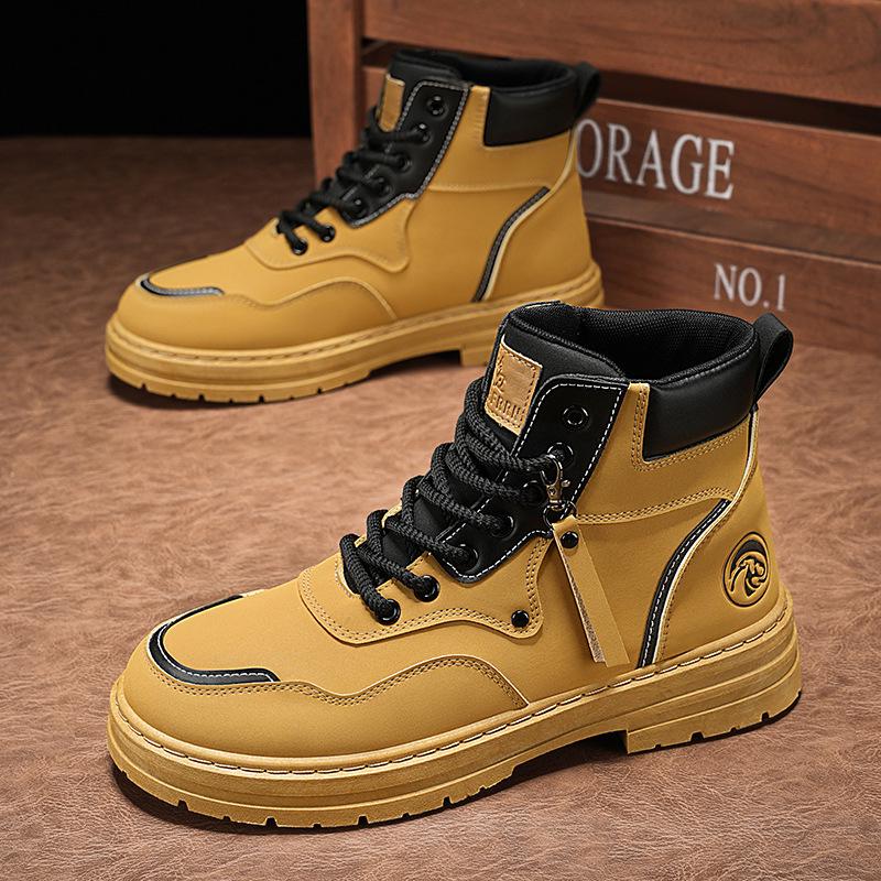 Men's Autumn British Style High-Top Yellow Martin Boots - All-Match Korean Version with Thick Soles.