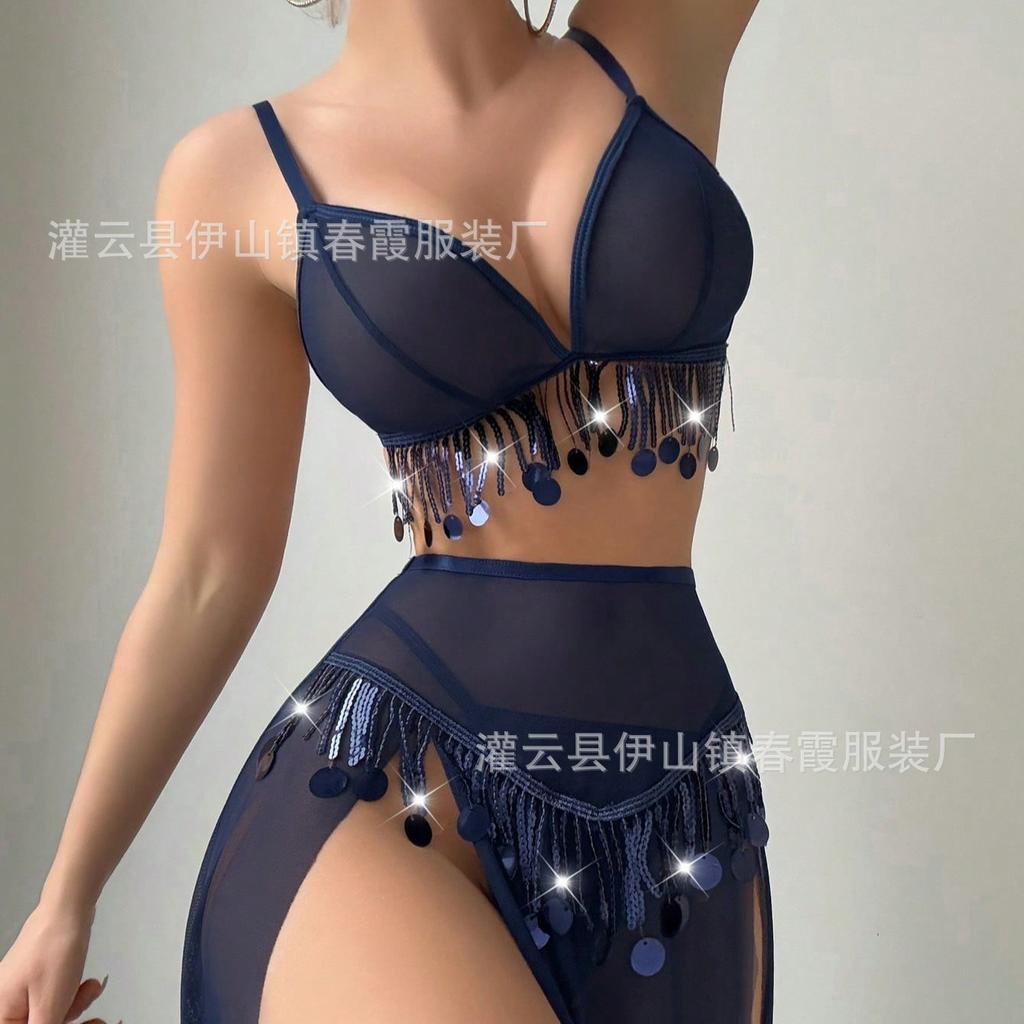 Sexy shiny hollowed-out women's underwear, long skirt set