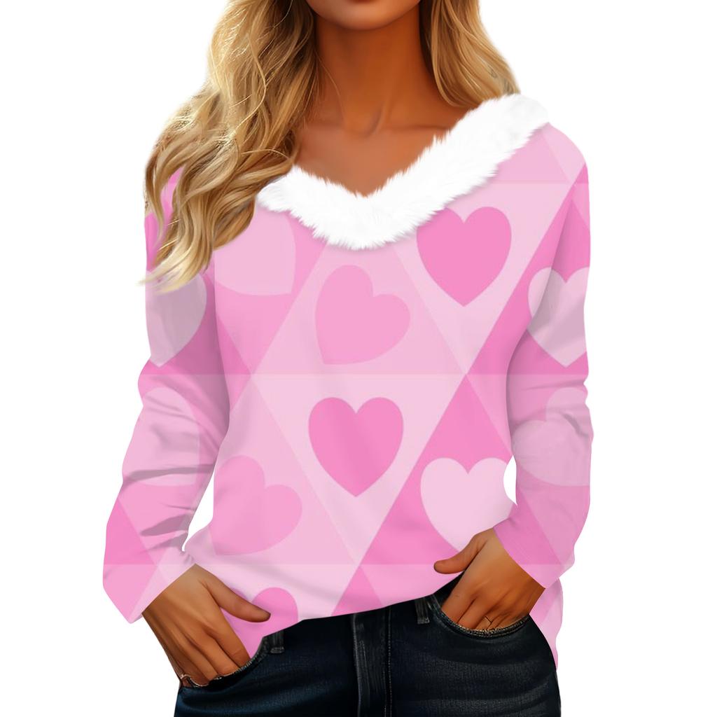 Women's Valentine's Day Printed Long-Sleeved Shirt, V-Neck, Casual Loose-Fitting T-Shirt Top