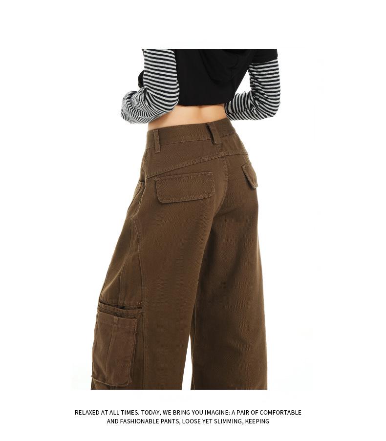 Women's Army Green Loose Cargo Jeans - Spring Style, Slim Fit, Wide Leg, Large Pockets