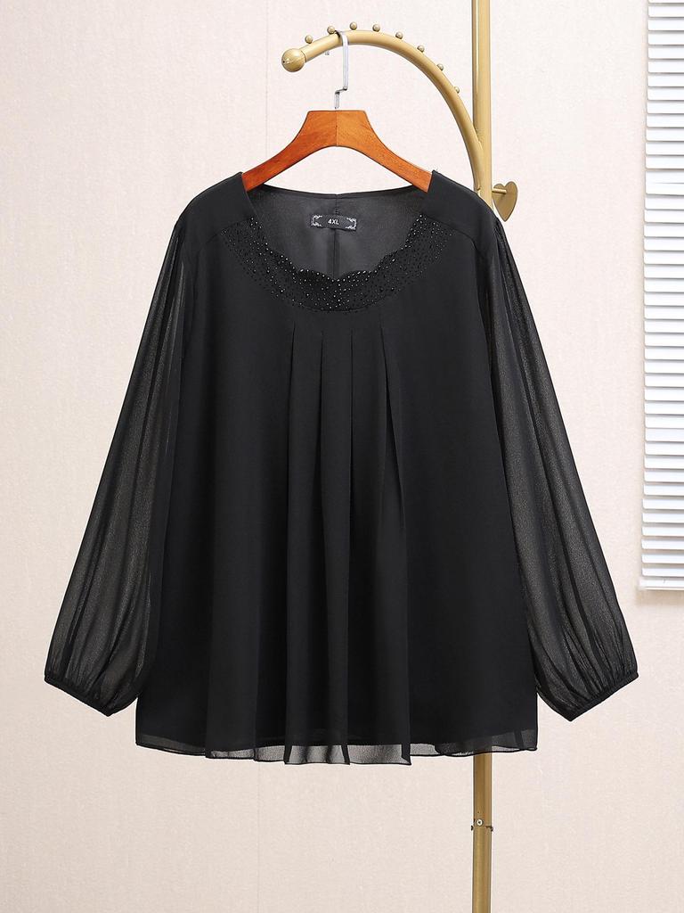 8087T Damröd chiffongblus i stora storlekar – Höst Lös passform Långärmad Slimmande topp