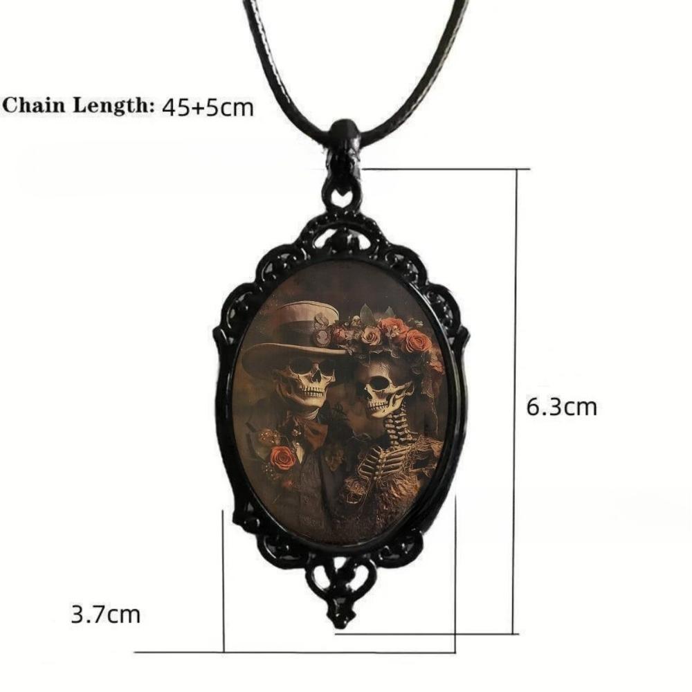 Gothic Black Oval Baroque Lace Painting Crow Skull Glass Pendant Leather Rope Chain Necklace for Women Men Hallowmas Jewelry