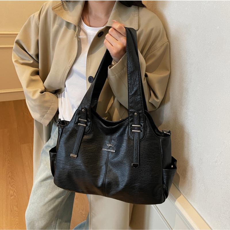 Women Retro Soft Leather Tote Bag Large Capacity Shoulder Handbag Vintage Multi-Pocket Work Shopping Crossdbody Bags