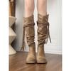 Cowhide Retro Wasteland Fringed Knight Boots Thick Heel But Knee Long Boots Thin Shoes Pile Medium Boots Women