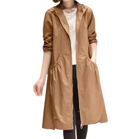 Damen Frühling Herbst Kapuzen Mittellang Windjacke Reißverschlussleiste Langarm Taschen Einfarbig