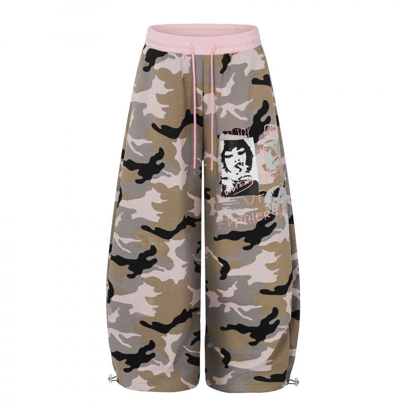 American retro camouflage printed wide-leg pants women's loose mopping scimitar pants street hipster casual pants spring and autumn
