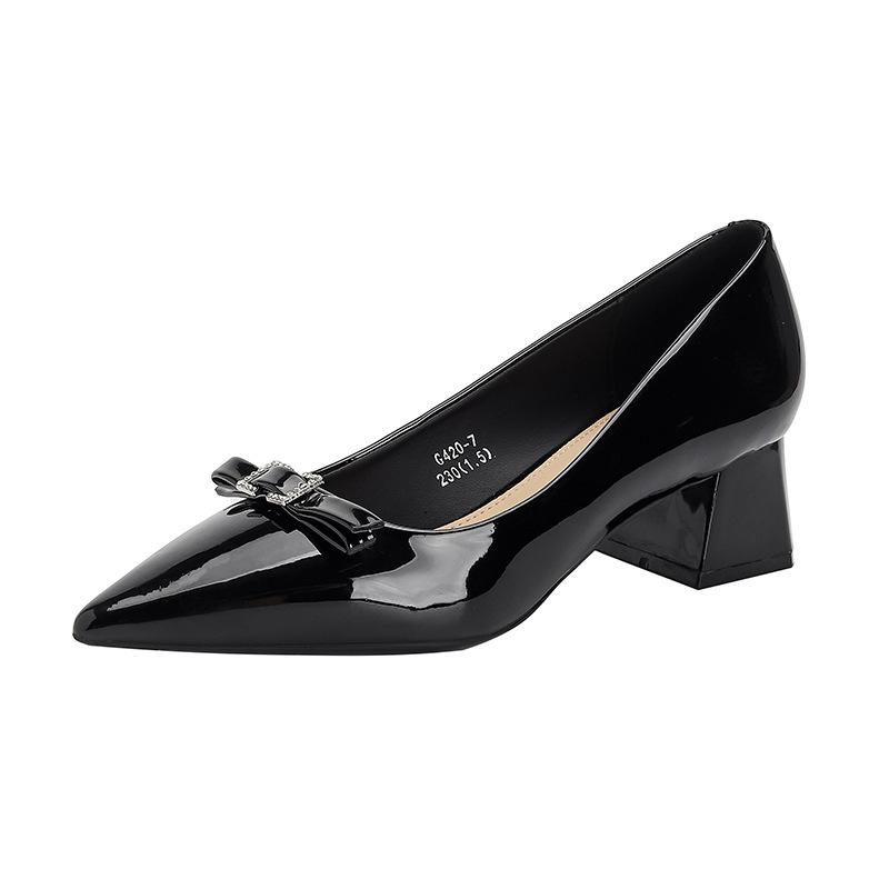 G420-7 French Pointed Head 2025 Autumn New Thick Heel Rhinestone Paint Surface Fashion Korean Version Temperament Commuter Shoes Women