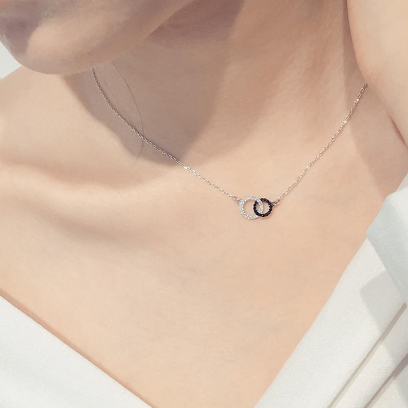 Simple Double Circle Inlaid Diamond S925 Silver Korean Fashion Necklace For Women