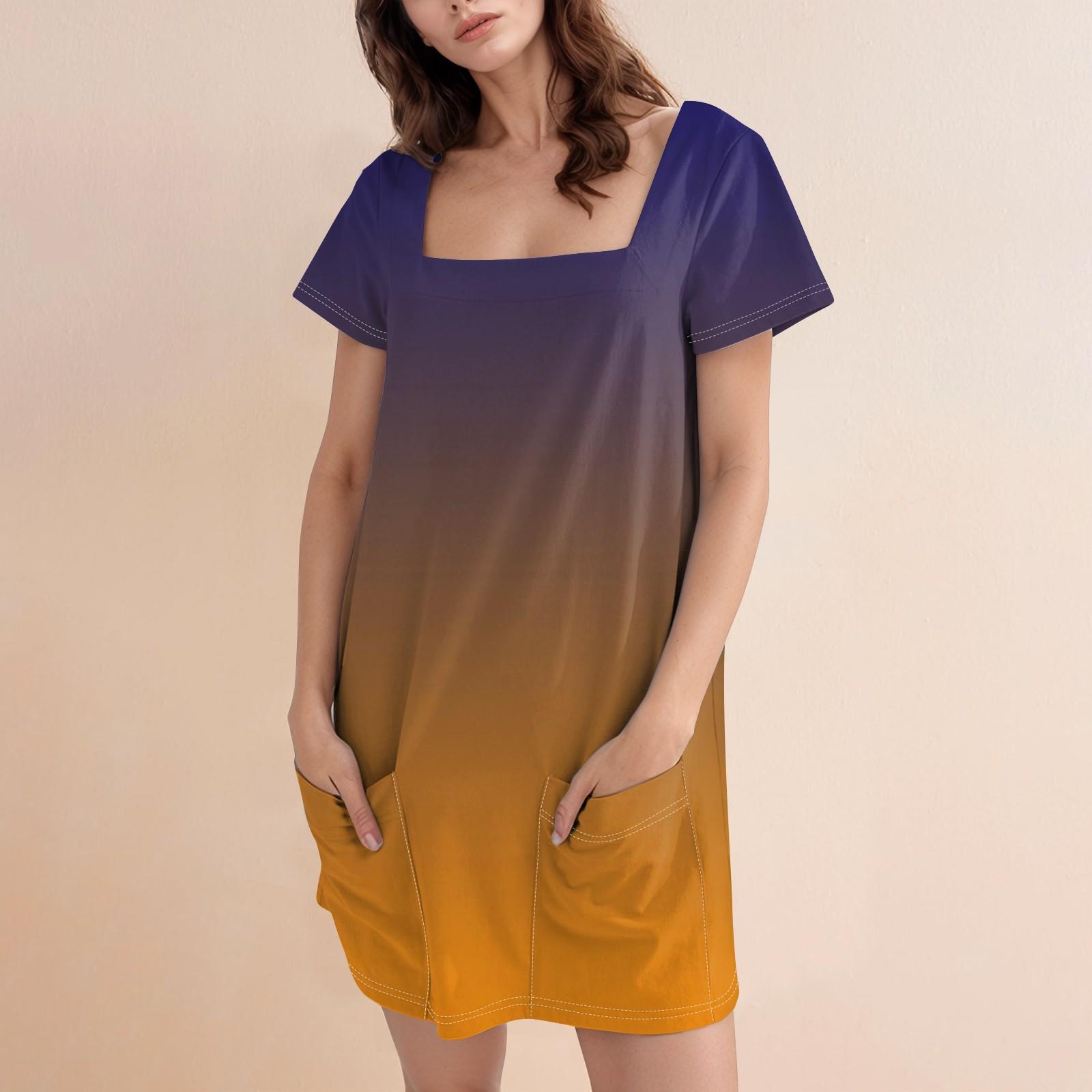 

Женское модное повседневное платье с квадратным вырезом и коротким рукавом M оранжевый