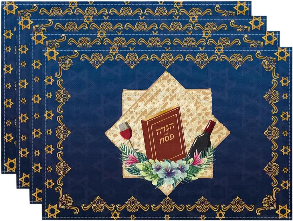 4PCs Happy Passover Linen Placemats Kitchen Dining Table Decor Pesach Star of David Table  Mats for Jewish Party Decorations