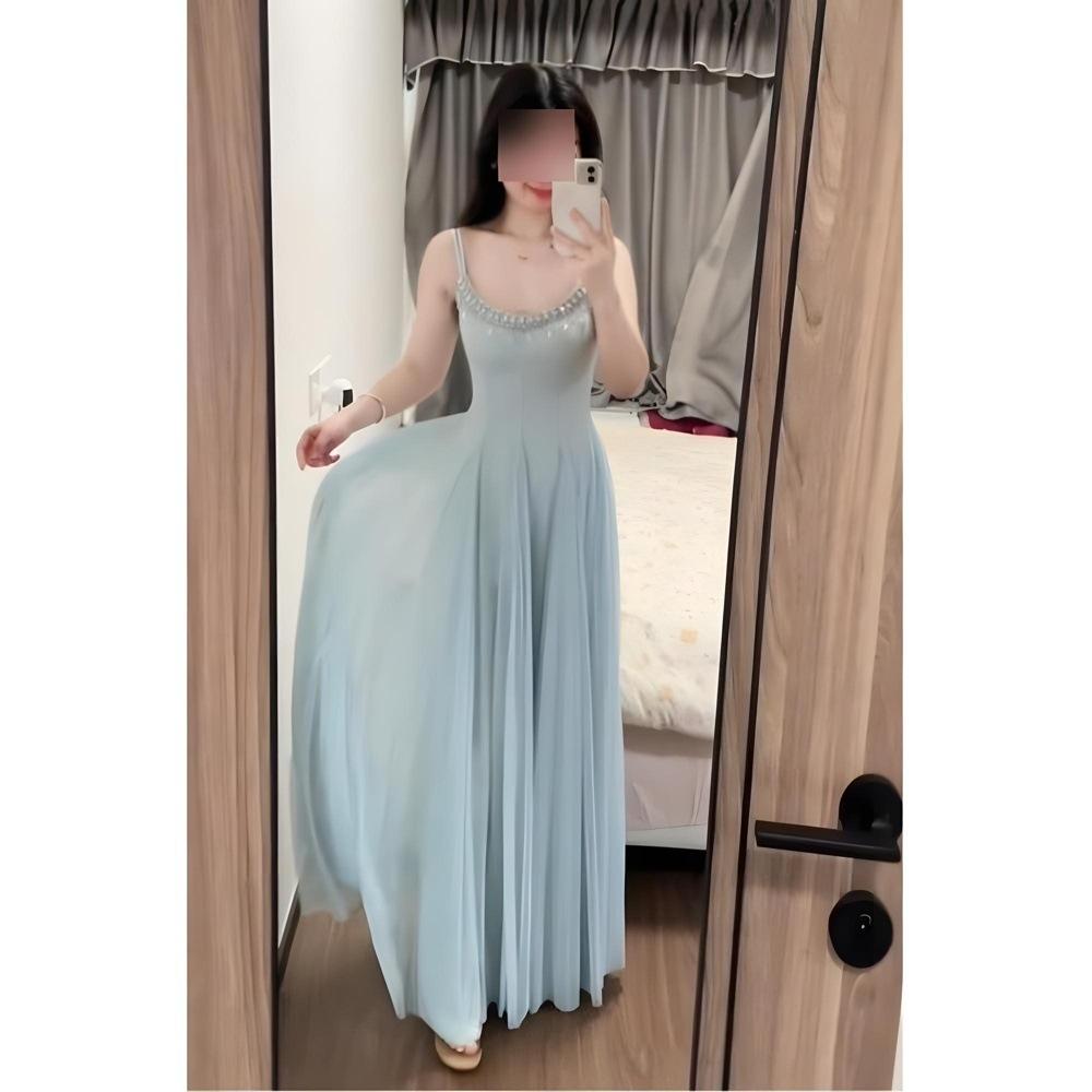 Summer Korean version of the goddess Fan slim super fairy crystal diamond chain mesh large swing suspender girl long dress