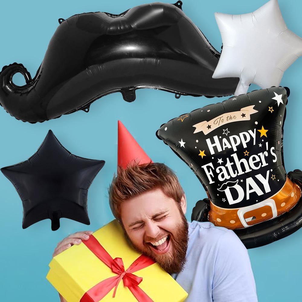 4Pcs Father's Day Foil Balloon Set, Large Gentleman Top Hat & Mustache Mylar Balloons, 18-Inch Star Balloons, Elegant Party Deco