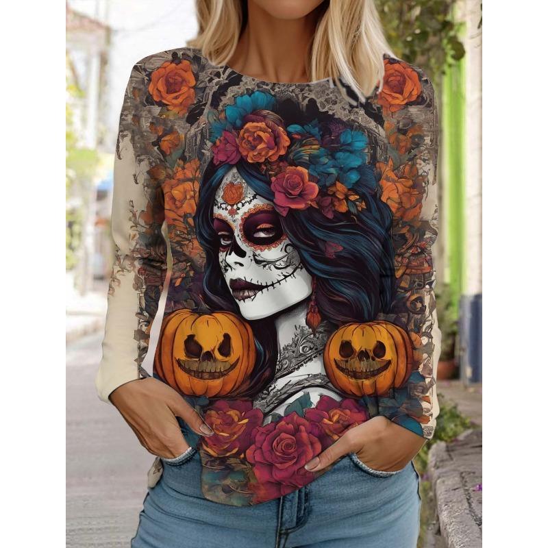 Sugar Skull Pattern Womens Long Sleeve Shirt Day of the Dead Shirts Summer 3D Printed Tops y2k Gothic style Women's Clothing