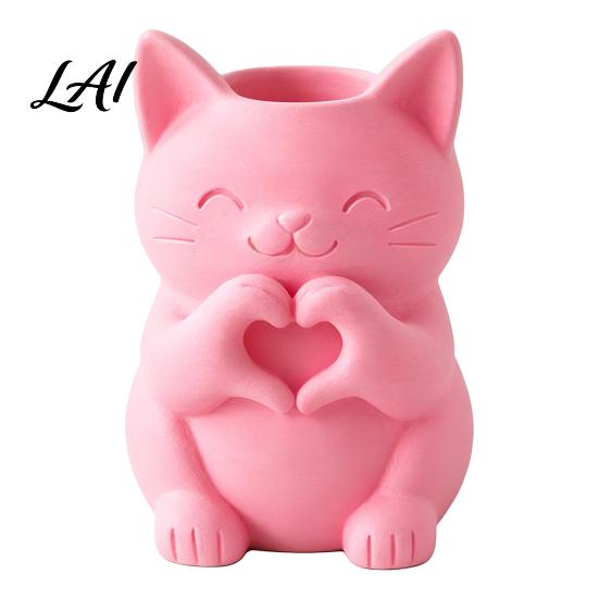 Small Animal Succulent Planter 3D Printed Cat Vase Cute Smiling with Heart‑Hand Gesture Flower Holder Whimsical Studio Display Props Shaped