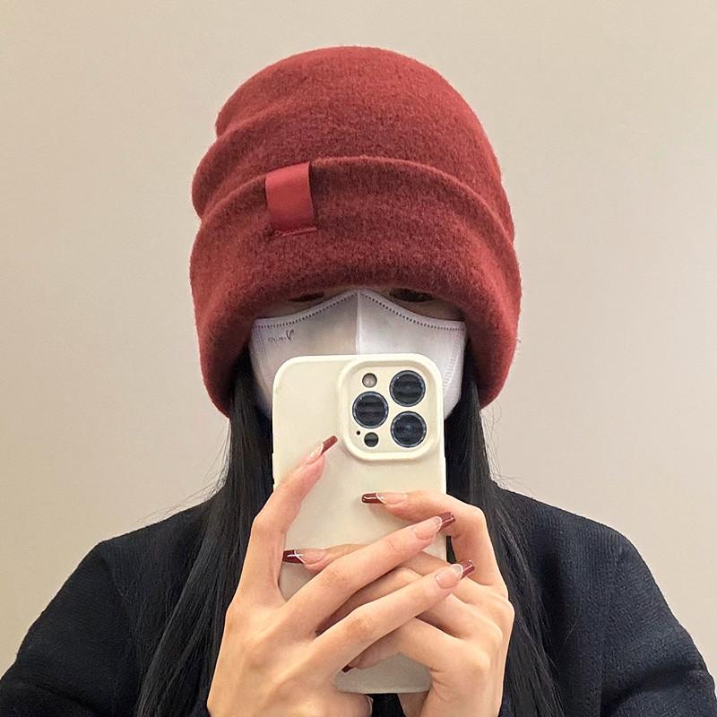 Knitted pile cold hat women's autumn and winter wool blended bald hat warm ear protection versatile face small hat advanced sense