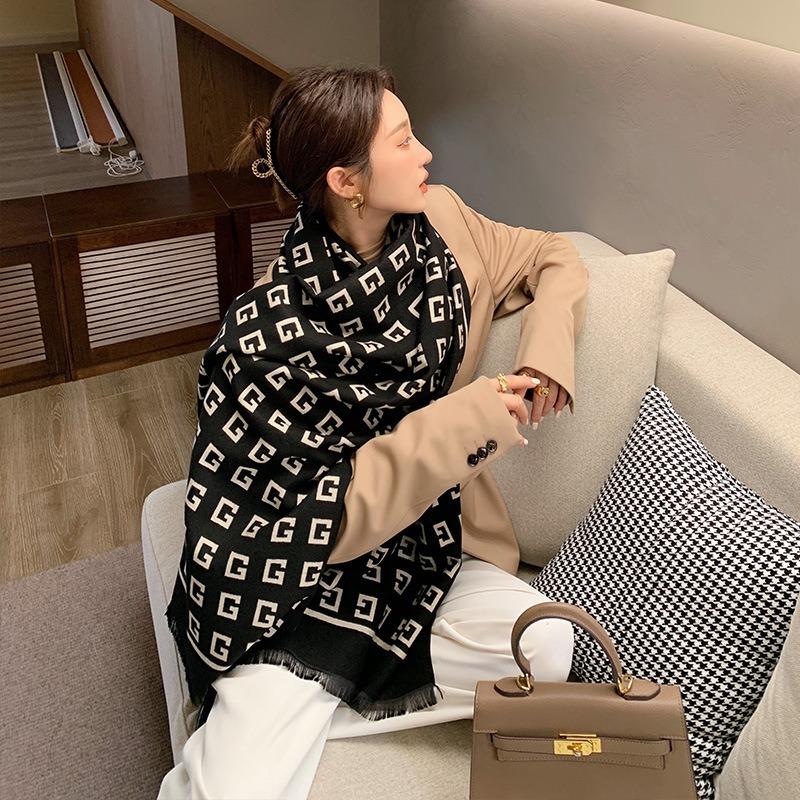 New Autumn and Winter Letter Medium and Long Imitation Cashmere Scarf Retro Women's Scarf Thickened Warm Women's Shawl