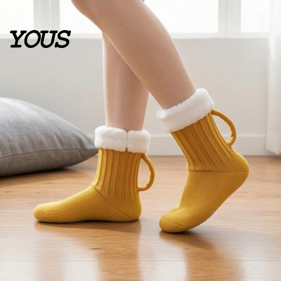 Easy On And Off Floor Socks Women's Knitted Slipper Socks, Soft Plush Lined Mid-Length Winter Versatile Cozy for Thermal with Handle Indoor