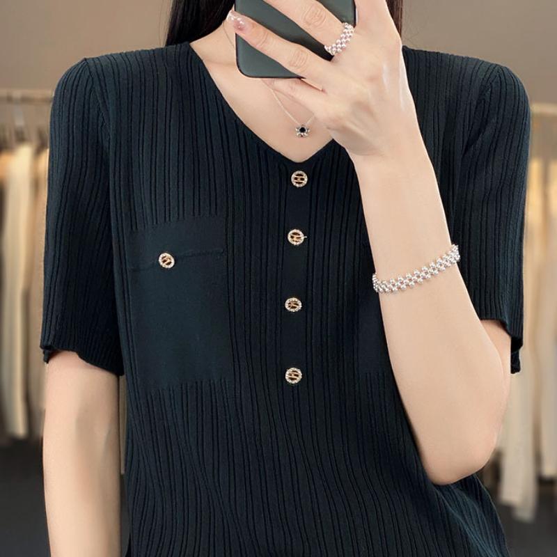 V-neck Ice Silk Knitted Short-sleeved T-shirt for Women Thin Summer New Casual Slim and Versatile Base Shirt Top