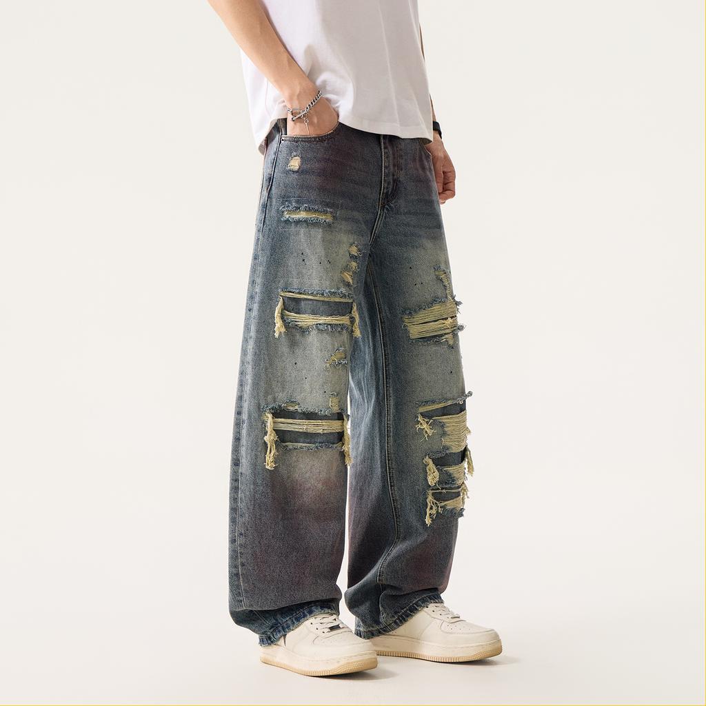 Heavy Industry American Casual Ruffian Handsome Heavy Retro Ripped Patch Jeans Men's Scimitar Loose Beggar Wide-leg Pants