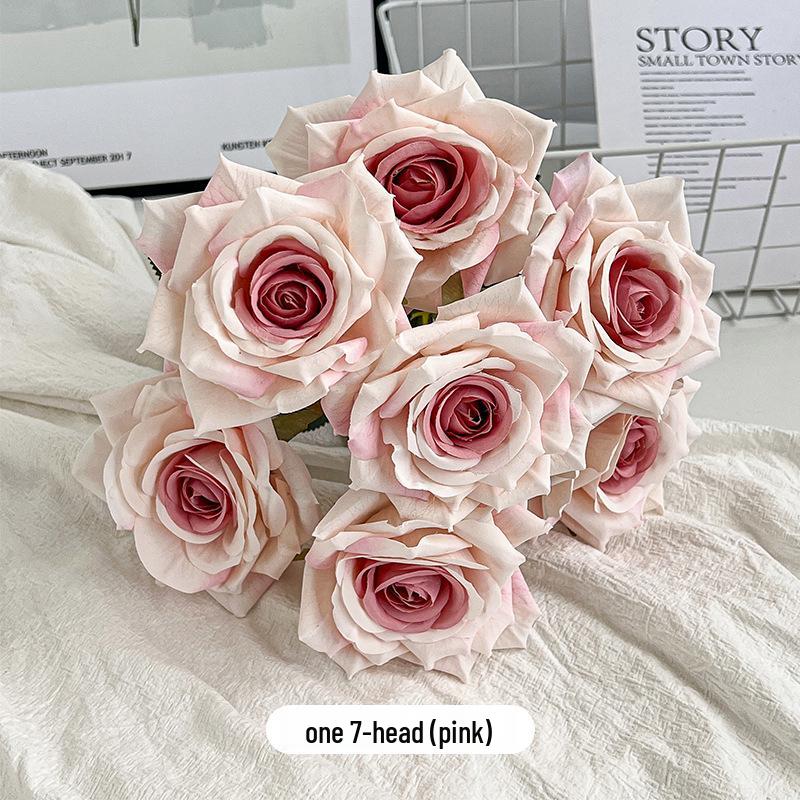 7-Head Embossed Cappuccino Rose Bouquet: Artificial Wedding Car Decoration with High-End Feel