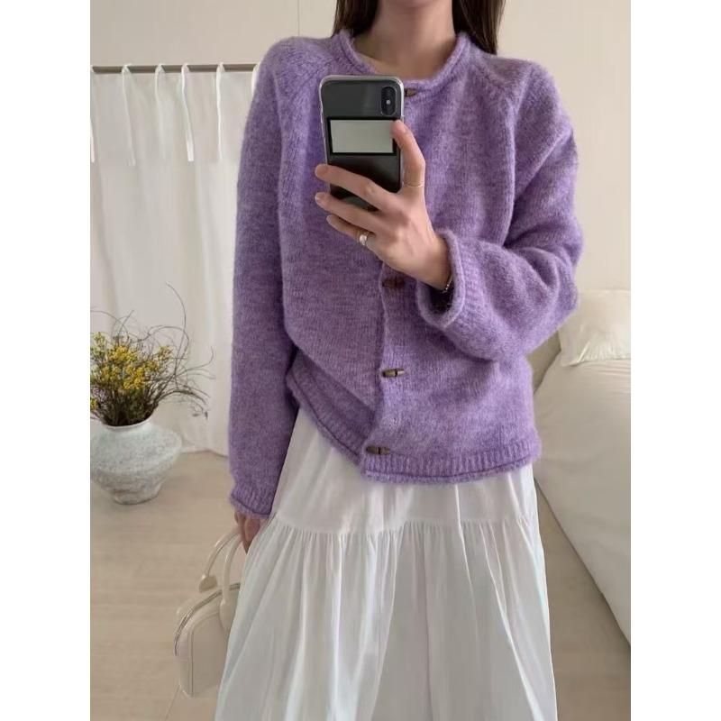 

New simple casual versatile retro knitted cardigan loose lazy style candy color plush coat women One size фиолетовый