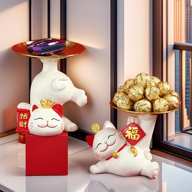 Vassoio portaoggetti in resina a forma di gatto Gatto portafortuna con vassoio Statue di gatto Sculture Decorazione Portachiavi Statuetta moderna per mobile TV Decorazione per la casa