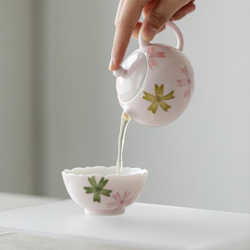 Hand Painted Underglaze Pink Sakura Xishi Teapot Luxury Ceramic Tea Set for Home Use