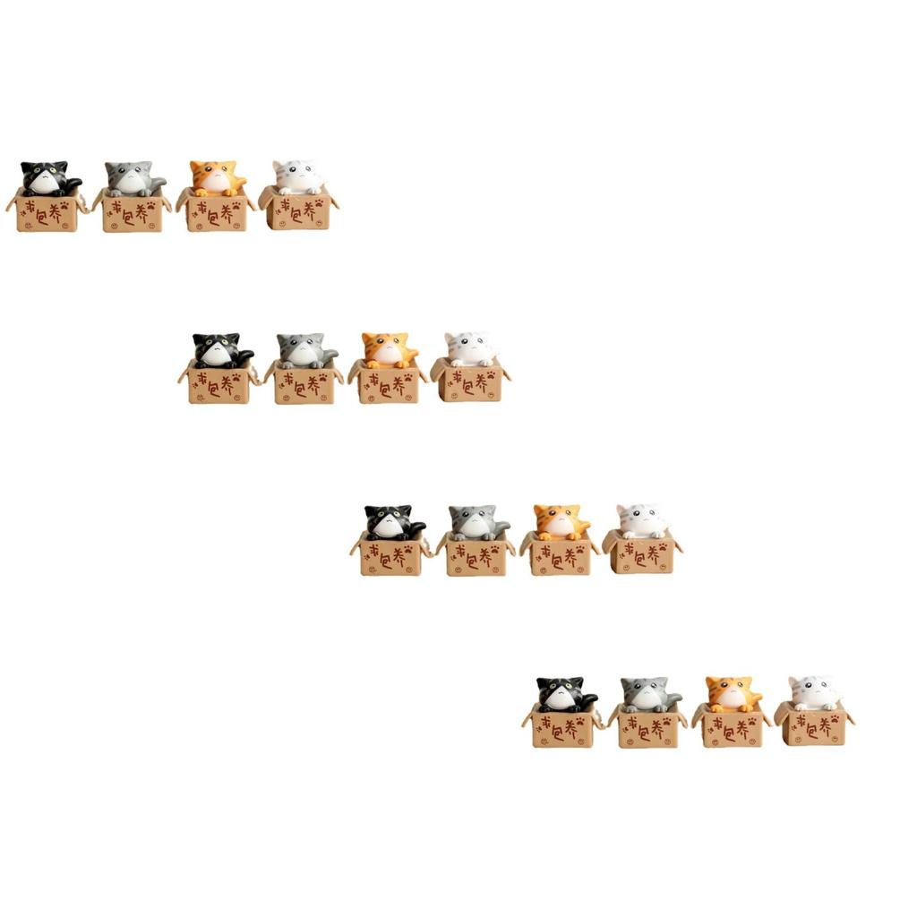 Miniature Cat Figurine Set Sitting in Cardboard Box Decorative Small Animal Doll for Home Desk Shelf Display Collectible Ornament