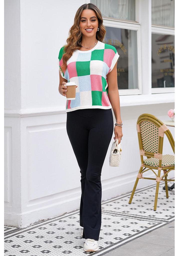 Summer Color Block Round Neck Women's Short Sleeve Pullover Sweater - European & American Fashion Style