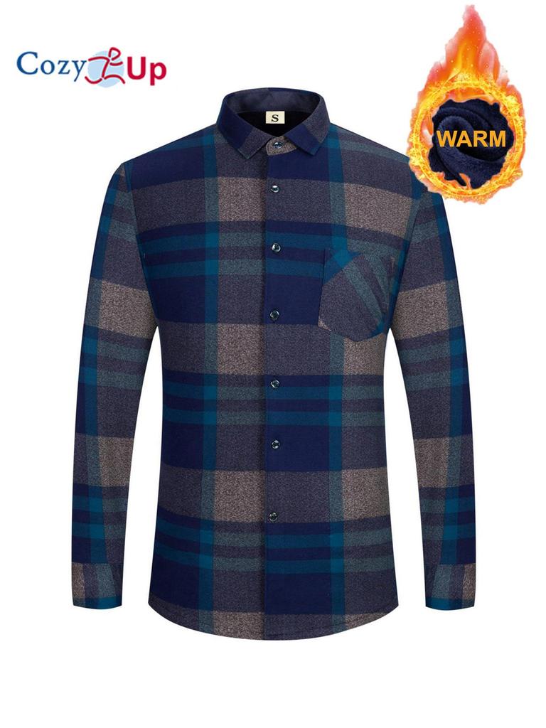 Cămașă caldă cu model în carouri ocazional pentru bărbați Cămașă cu mânecă lungă cu buzunar la piept, cămașă pentru bărbați plus fleece groasă cu nasturi