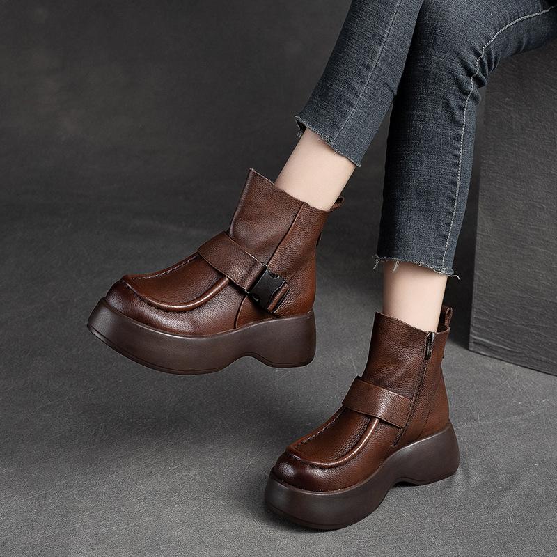 Fashion GKTINOO Women Motorcycle Boots Genuine Leather 2025 New Zip Thick Soled Women Shoes Casual Handmade Retro Short Platform Boots