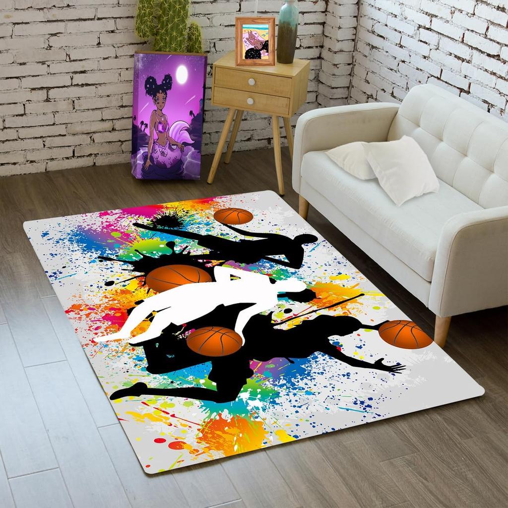 Basketball Rug for Boys Bedroom Kids Football Carpet Water Fire Sports Rugs for Boys Bedroom Baseball, Soccer Rug for Playroom